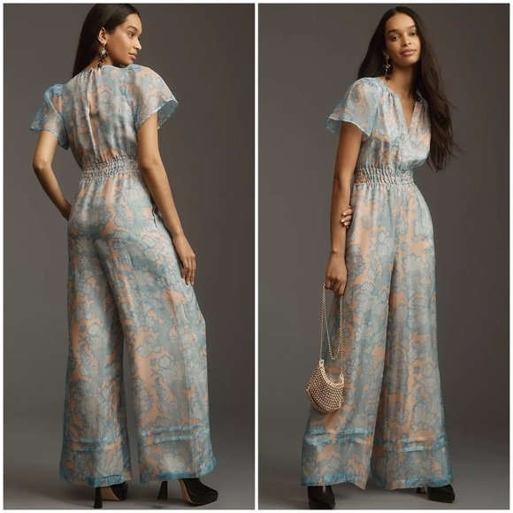 Anthropologie Somerset Jumpsuit Blue Blush Floral Organza Women’s Wide Leg Sz XS